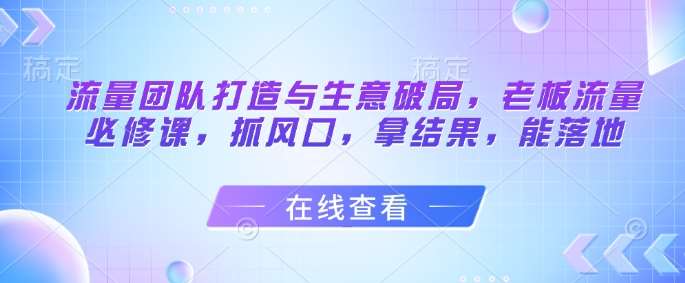 流量团队打造与生意破局，老板流量必修课，抓风口，拿结果，能落地网赚项目-副业赚钱-互联网创业-资源整合南风学院