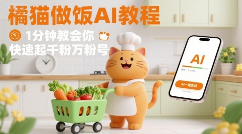 有趣的橘猫买菜做饭视频，用AI一键搞定，1分钟教会你，快速起千粉万粉号网赚项目-副业赚钱-互联网创业-资源整合南风学院