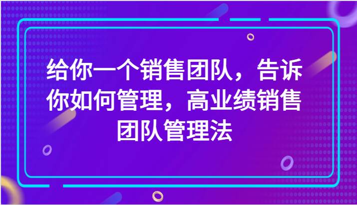 给你一个销售团队，告诉你如何管理，高业绩销售团队管理法（89节课）网赚项目-副业赚钱-互联网创业-资源整合南风学院