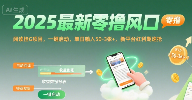 2025最新零撸风口，阅读挂G项目，一键启动，单日躺入 50-3张+，新平台红利期速抢【揭秘】网赚项目-副业赚钱-互联网创业-资源整合南风学院