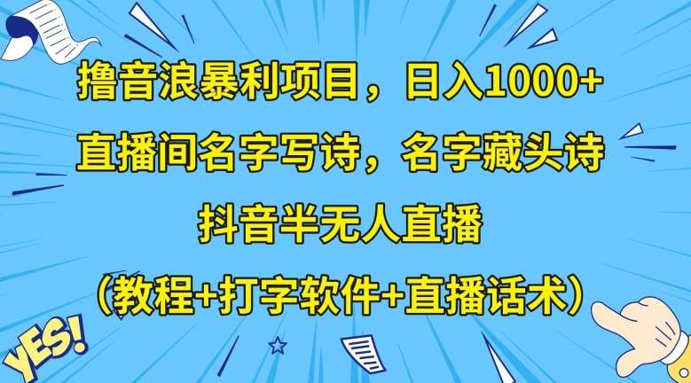 撸音浪暴利项目，日入1000+，直播间名字写诗，名字藏头诗，抖音半无人直播（教程+打字软件+直播话术）【揭秘】网赚项目-副业赚钱-互联网创业-资源整合南风学院