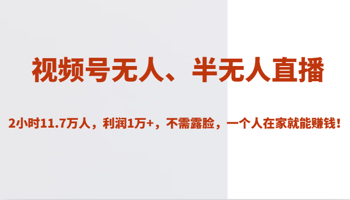 视频号无人、半无人直播2小时11.7万人，利润1万+，不需露脸，一个人在家就能赚钱！网赚项目-副业赚钱-互联网创业-资源整合南风学院