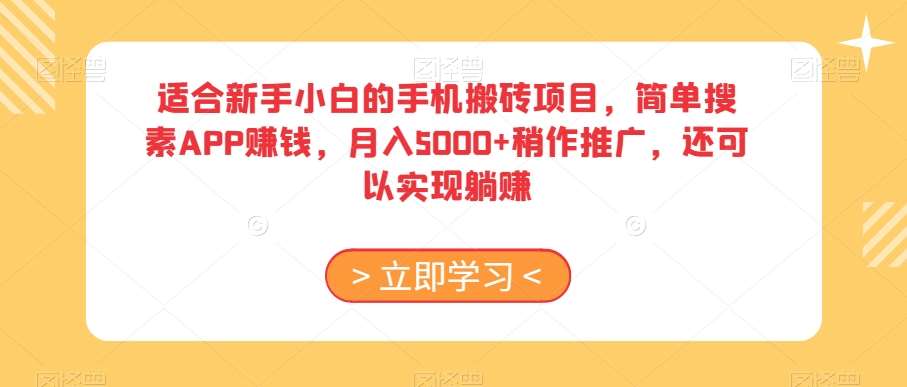 适合新手小白的手机搬砖项目,简单搜素APP赚钱,月入5000+稍作推广,还可以实现躺赚【揭秘】网赚项目-副业赚钱-互联网创业-资源整合南风学院