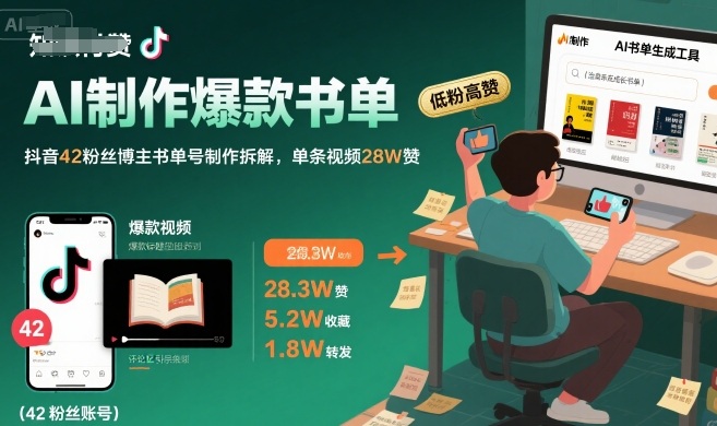 AI制作爆款书单，抖音42粉丝博主书单号制作拆解，单条视频28W赞网赚项目-副业赚钱-互联网创业-资源整合南风学院