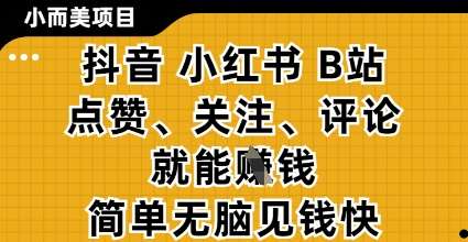 小而美的项目，抖音小红书B站视频点赞、关注、评论就能挣钱，简单无脑立见收益，妥妥的零撸项目【揭秘】网赚项目-副业赚钱-互联网创业-资源整合南风学院