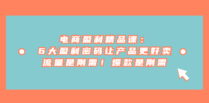 电商盈利精品课：6大盈利 密码让产品更好卖，流量是刚需！爆款是刚需网赚项目-副业赚钱-互联网创业-资源整合南风学院