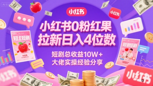 小红书0粉红果短剧拉新日入4位，数短剧总收益10W+大佬实操经验分享网赚项目-副业赚钱-互联网创业-资源整合南风学院