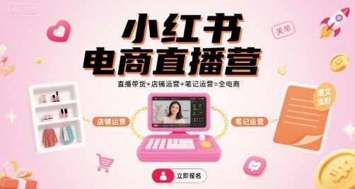 小红书电商直播营，直播带货+店铺运营+笔记运营=全电商网赚项目-副业赚钱-互联网创业-资源整合南风学院