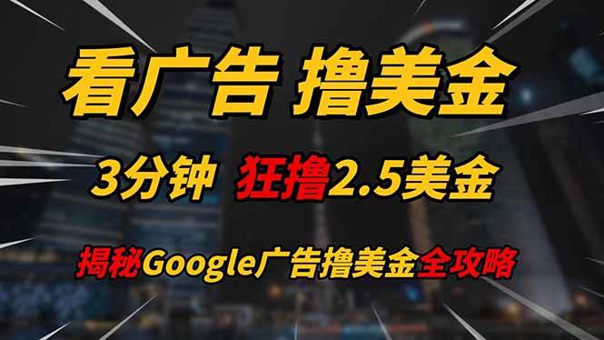 （14701期）看广告，撸美金！！3分钟赚2.5美金！！日入200美金不是梦！揭秘Google…网赚项目-副业赚钱-互联网创业-资源整合南风学院