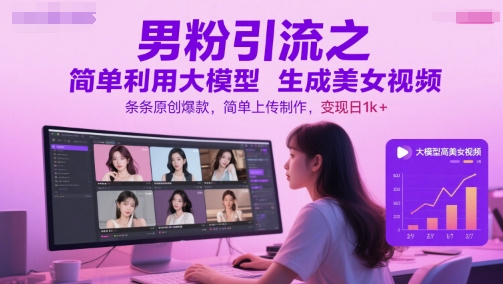 男粉引流之简单利用大模型生成美女视频，条条原创爆款，简单上传制作，变现日1k+网赚项目-副业赚钱-互联网创业-资源整合南风学院