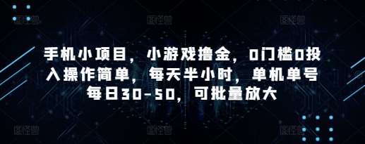 手机小项目，小游戏撸金，0门槛0投入操作简单，每天半小时，单机单号每日30-50，可批量放大网赚项目-副业赚钱-互联网创业-资源整合南风学院