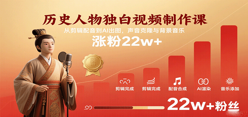 历史人物独白视频制作课，从剪辑配音到AI出图，声音克隆与背景音乐，涨粉22w+网赚项目-副业赚钱-互联网创业-资源整合南风学院