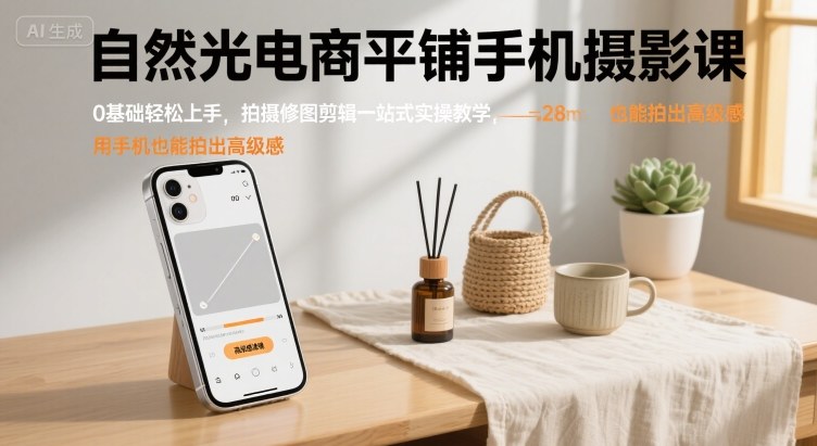 自然光电商平铺手机摄影课，0基础轻松上手，拍摄修图剪辑一站式实操教学，用手机也能拍出高级感网赚项目-副业赚钱-互联网创业-资源整合南风学院