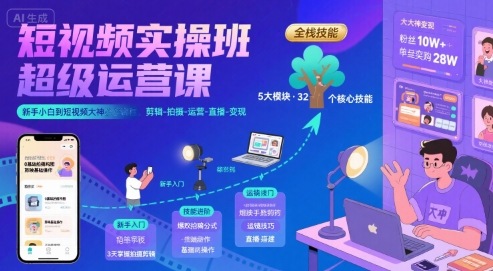短视频实操班超级运营课，新手小白到短视频大神必修课程，剪辑-拍摄-运营-直播-变现网赚项目-副业赚钱-互联网创业-资源整合南风学院
