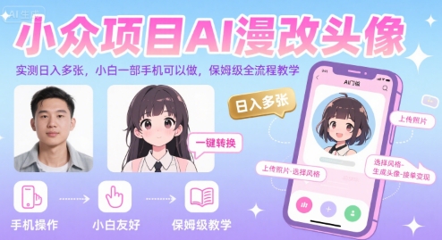 小众项目AI漫改头像，实测日入多张，小白一部手机可以做，保姆级全流程教学网赚项目-副业赚钱-互联网创业-资源整合南风学院
