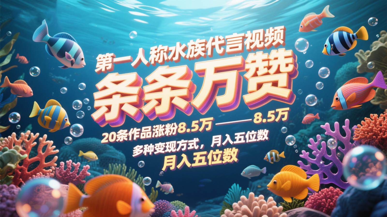 第一人称水族代言视频，条条万赞，20条作品涨粉8.5万，多种变现方式月，入五位数网赚项目-副业赚钱-互联网创业-资源整合南风学院