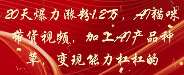 20天爆力涨粉1.2W,AI猫咪带货视频,加上AI产品种草,变现能力杠杠的网赚项目-副业赚钱-互联网创业-资源整合南风学院