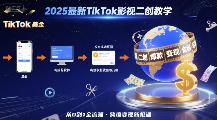 2025年最新TikTok影视二创教学，从注册到发布撸美金全流程，跨境变现新机遇网赚项目-副业赚钱-互联网创业-资源整合南风学院