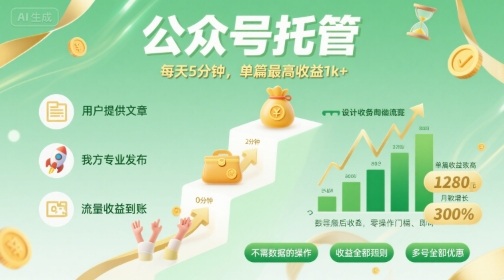 【公众号托管 】我提供文章，你发布，每天5分钟，单篇最高收益1k+【揭秘】网赚项目-副业赚钱-互联网创业-资源整合南风学院