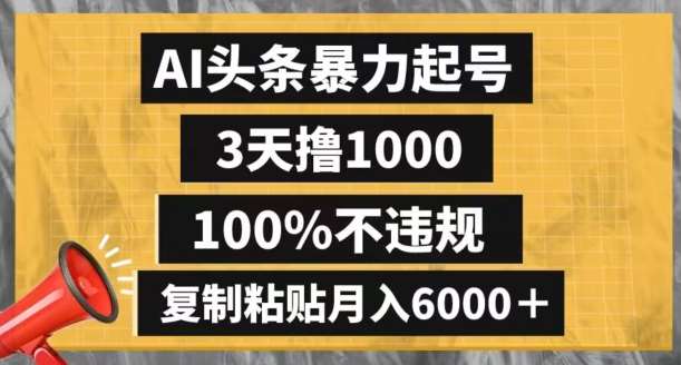AI头条暴力起号，3天撸1000,100%不违规，复制粘贴月入6000＋【揭秘】网赚项目-副业赚钱-互联网创业-资源整合南风学院