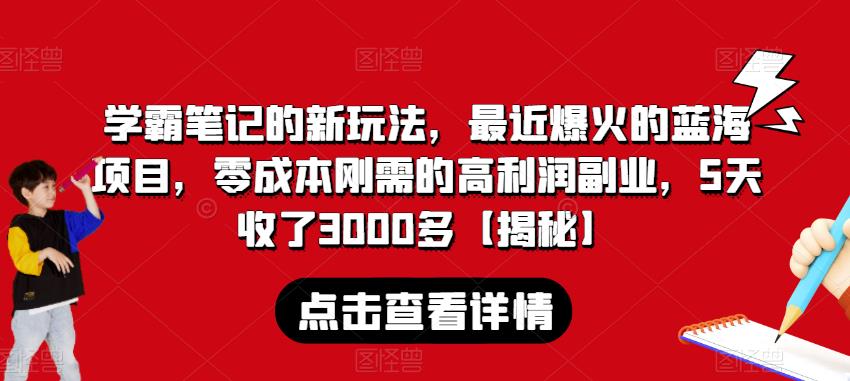学霸笔记的新玩法，最近爆火的蓝海项目，零成本刚需的高利润副业，5天收了3000多【揭秘】网赚项目-副业赚钱-互联网创业-资源整合南风学院