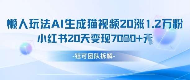 懒人玩法AI生成猫咪图片视频，20涨1.2W万粉，小红书商单20天变现7k网赚项目-副业赚钱-互联网创业-资源整合南风学院
