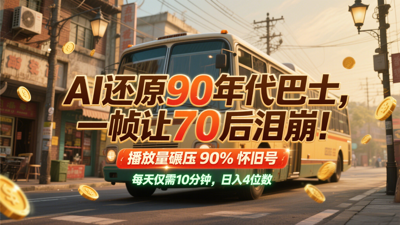 AI还原90年代巴士，一帧让70后泪崩！播放量碾压90%怀旧号，每天10分钟，日入4位数网赚项目-副业赚钱-互联网创业-资源整合南风学院