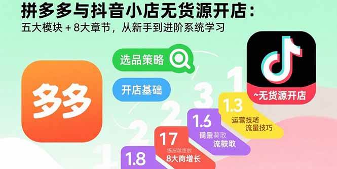 （15805期）拼多多与抖音小店无货源开店：五大模块+8大章节，从新手到进阶系统学习网赚项目-副业赚钱-互联网创业-资源整合南风学院