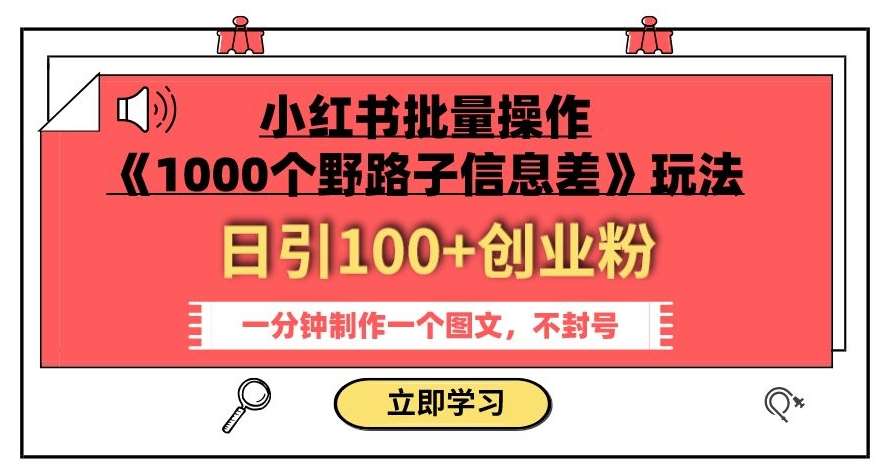 小红书批量操作《1000个野路子信息差》玩法，一分钟制作一个图文，不封号，日引100+创业粉网赚项目-副业赚钱-互联网创业-资源整合南风学院