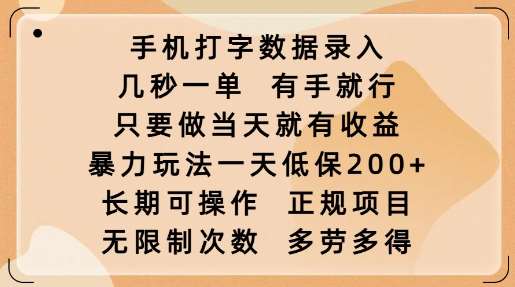 手机打字数据录入，几秒一单，有手就行，只要做当天就有收益，暴力玩法一天低保2张网赚项目-副业赚钱-互联网创业-资源整合南风学院